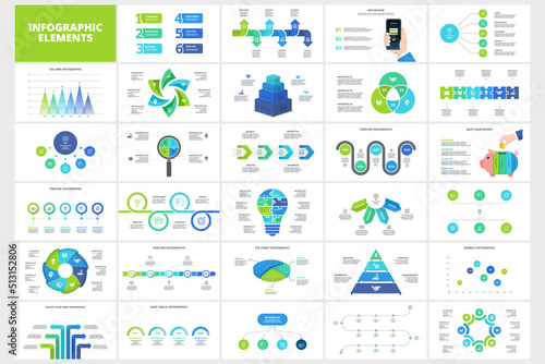 Set of infographic presentation slides. Puzzles, timeline, arrows, flowchart and circle diagrams. Vector illustration for business data visualization.