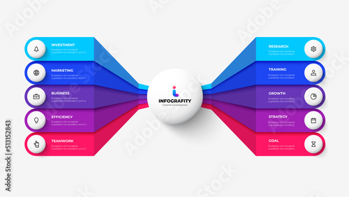 White circle with colorful rounded elements on the side. Abstract flowchart infographic with 10 options.
