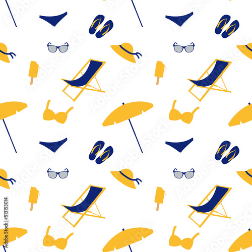 Vector summer beach seamless pattern with parasol, swimsuit, flip flops, ice cream, hat, sunglasses. Illustration in yellow and blue colors.
