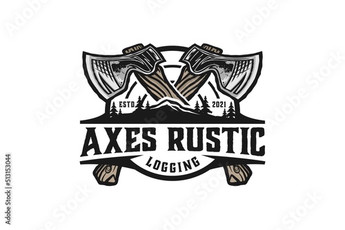 Axes rustic wood work logging logo axe design carpenter badge emblem style 