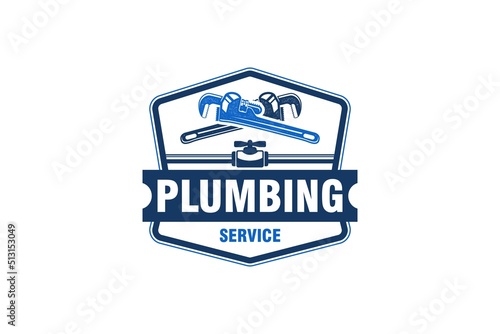 Plumbing logo design service monkey wrench spanner tool handyman icon emblem badge faucet pipe