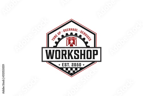 Piston gear logo automotive workshop design hexagon shape speed shop repair garage
