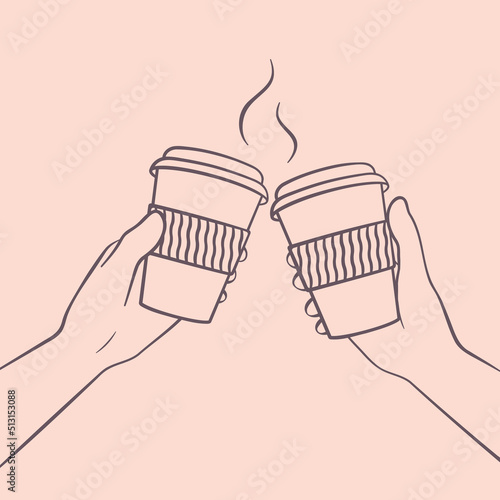 Cheers Coffee Paper Cups in outline style. Two hands holding hot takeaway coffee vector illustration.