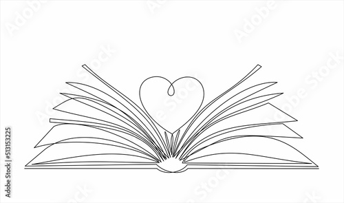Open book and heart, continuous line vector illustration. one line vector drawing of a book and a heart, concept of love of reading. Black and white hand drawn image.