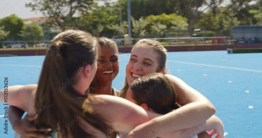 Young woman hockey team united, coach motivating young girl players with a high five during practice. Diverse group teenage hockey players hugging and looking happy while displaying teamwork and unity Young woman hockey team united, coach motivating young girl players with a high five during practice. Diverse group teenage hockey players hugging and looking happy while displaying teamwork and unity