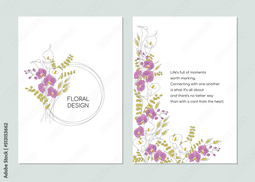 Greeting card template in minimalistic line art style. Flowers orchid, calla, eucalyptus, lagurus. Editable line. Vector illustration. 