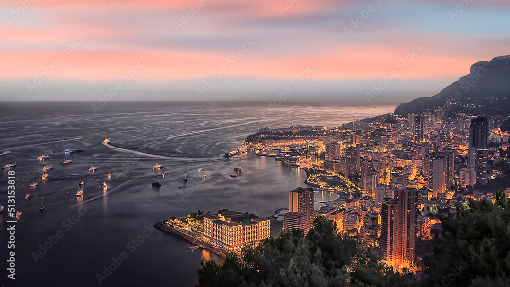 Principality of Monaco at sunset on the French Riviera - obrazy, fototapety, plakaty 