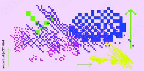Trendy vaporwave background with pixel art chaotic composition. Concept of a glitchy computer screen.