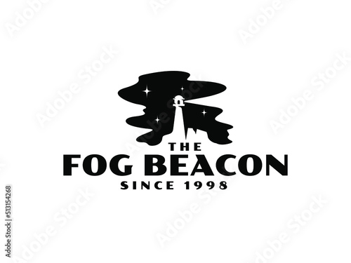 lighthouse logo. Lighthouse Searchlight Beacon Tower with fog Island Beach logo