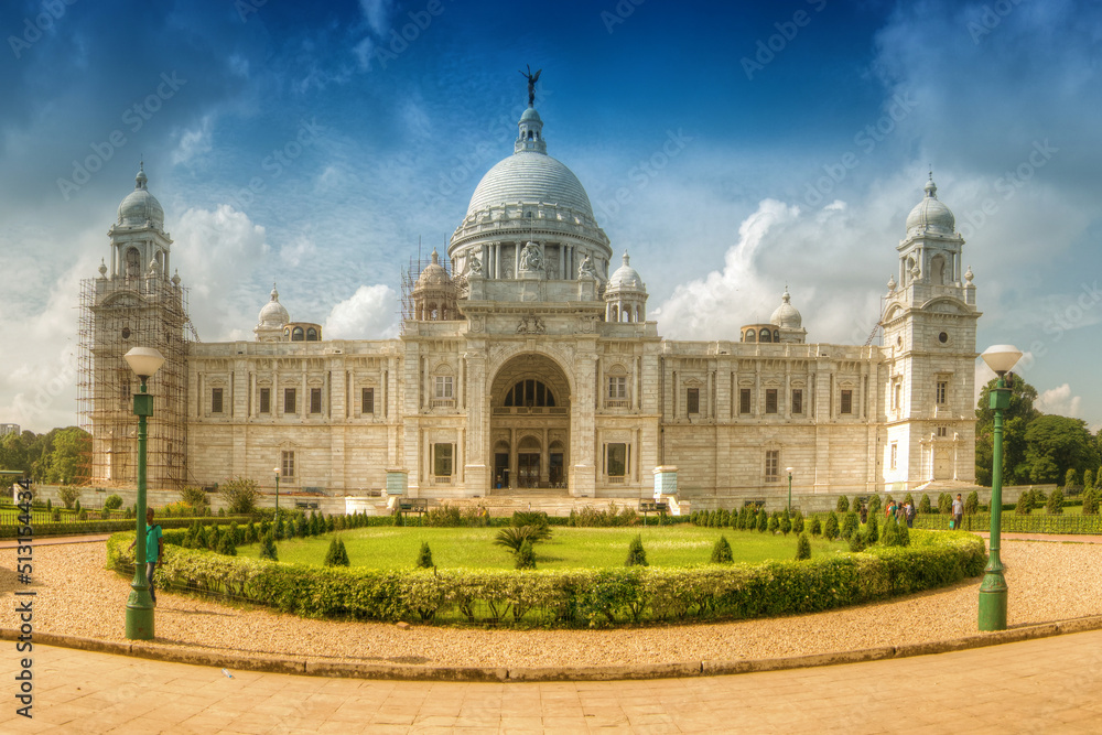 Beautiful panoramic image of Victoria Memorial, Kolkata , Calcutta, West Bengal, India . A Historical Monument of Indian Architecture. Built to commemorate Queen Victoria's 25 years reign in India.