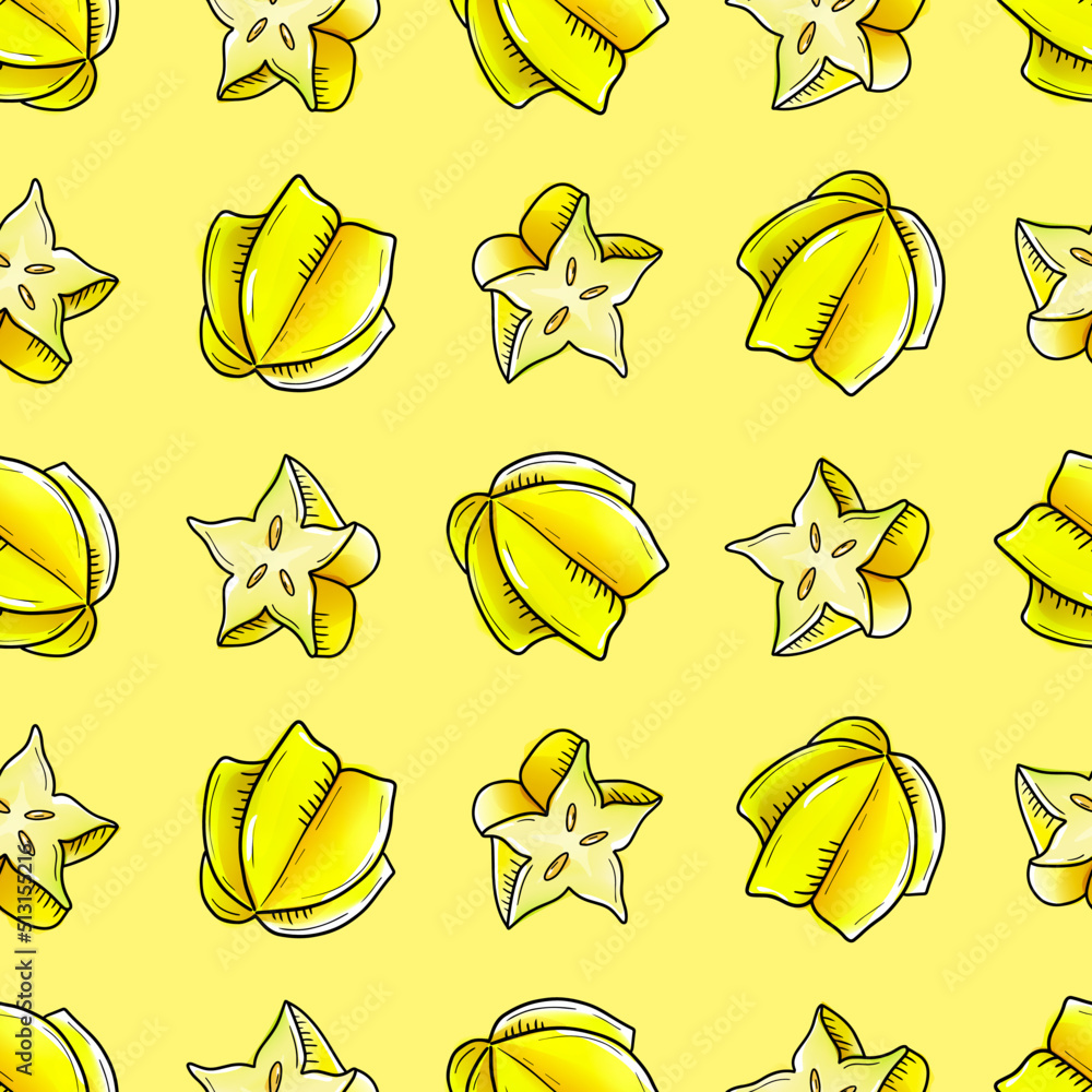 Fototapeta premium Vector seamless pattern, star fruiit in watercolor style with black contour