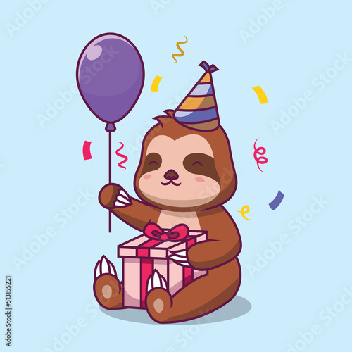 Cute sloth birthday party cartoon illustration