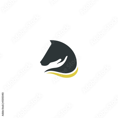 sophisticated horse care logo - silhouette of horse head and caring hand - editable design vector