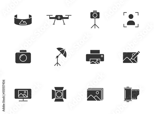 photography glyph icons isolated on white background. photography glyph icon set for web, mobile apps, ui design, print polygraphy and promo advertising business