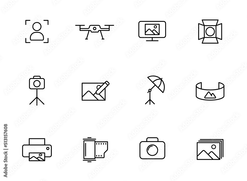 photography outline icons isolated on white background. photography line icons for web and ui design, mobile apps, print polygraphy and promo advertising business