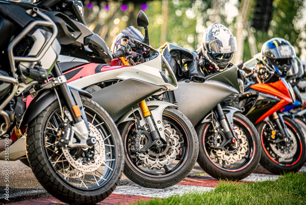 Motorcycles parade. Bikes in a row