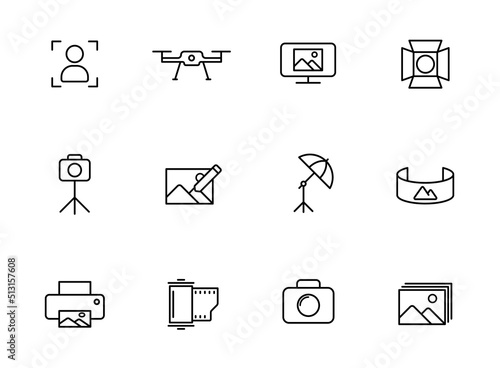 photography outline icons isolated on white background. photography line icons for web and ui design, mobile apps, print polygraphy and promo advertising business