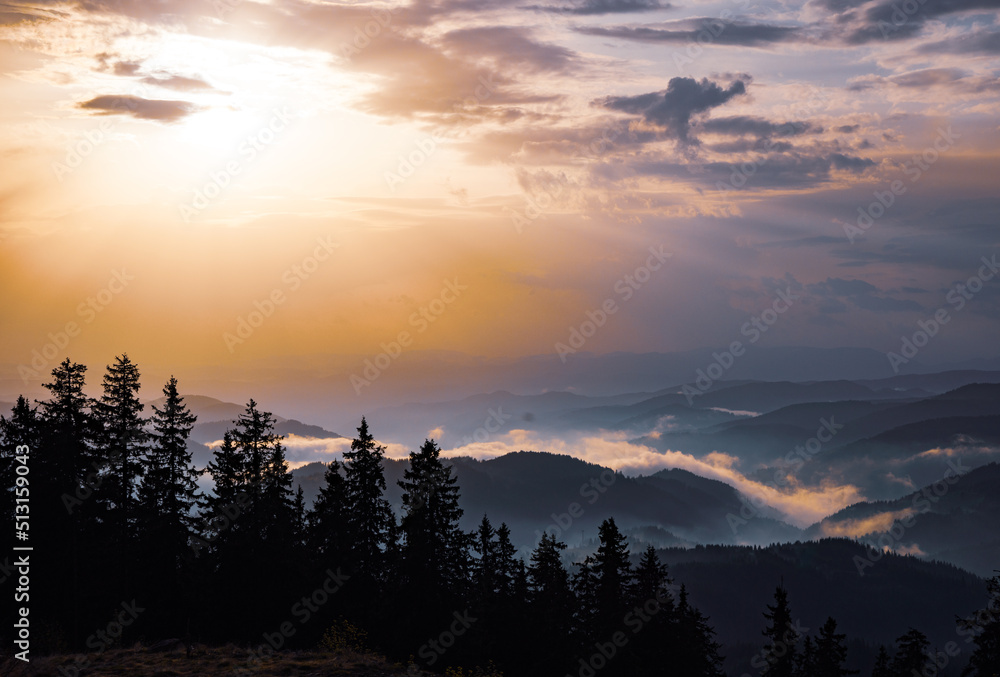 Cloudy weather over hills covered with spruce forests in Rhodope Mountains and fog between mountain ranges