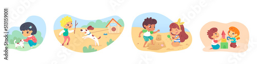 Good and bad behavior of cute boys and girls set, kids stroking or teasing pets, playing