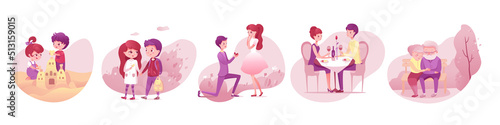 Love scenes of couples set, boy and girl building sand castle, walking, marriage proposal