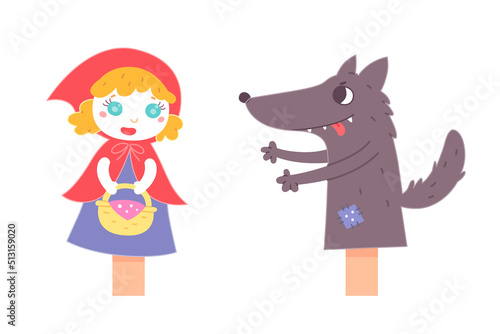 Hand puppet show, funny fairy tale story characters for performance on theater stage