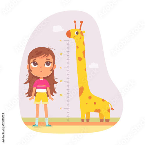 Girl measure height with inch ruler and cheerful giraffe vector illustration. Cartoon female teenager, chart of progress growth with scale in inches and animal isolated on white
