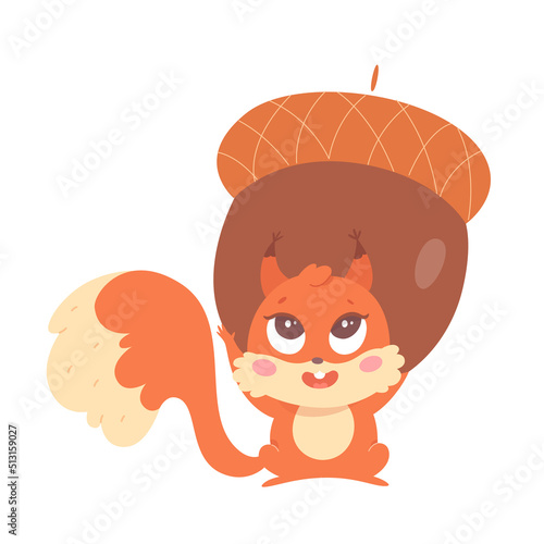 Cute squirrel character holding big acorn, furry animal with funny expression on face