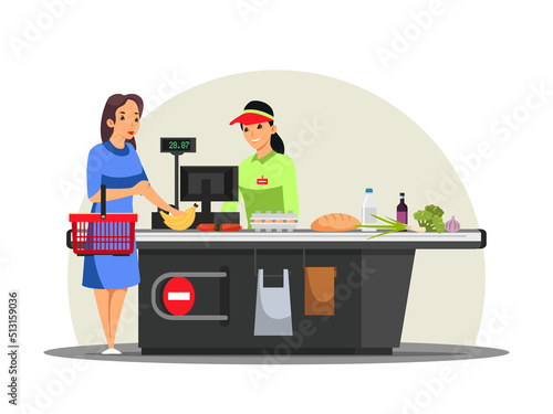 Woman paying for food at supermarket checkout, cashier in apron waiting for payment