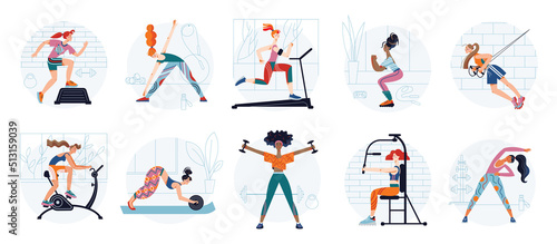Sport physical exercises of woman in gym set, active girls in sportswear training body