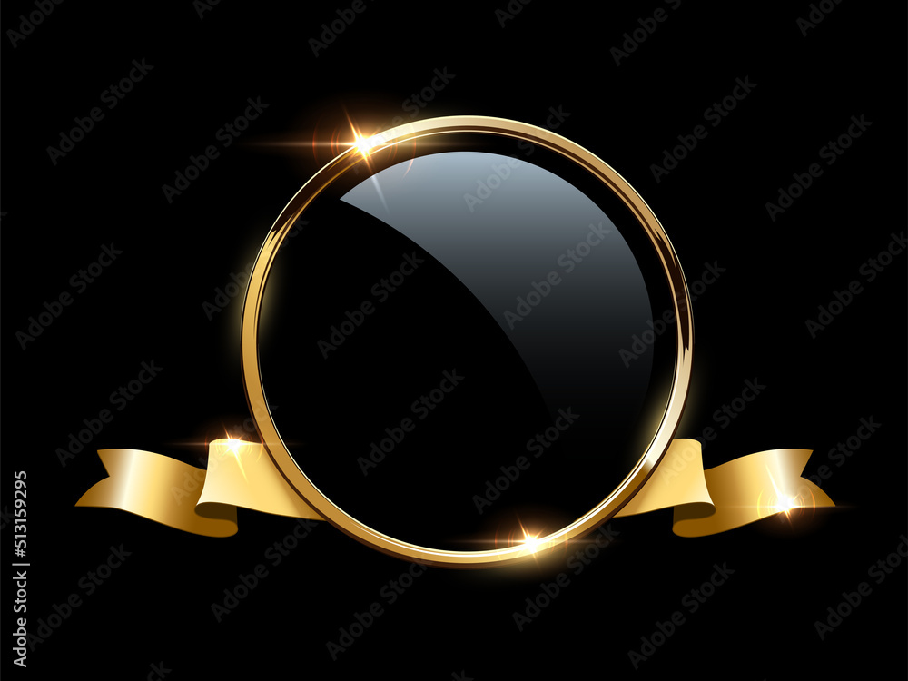 Gold circle frame and ribbon with shine and sparkle light effect, 3d golden circular ring