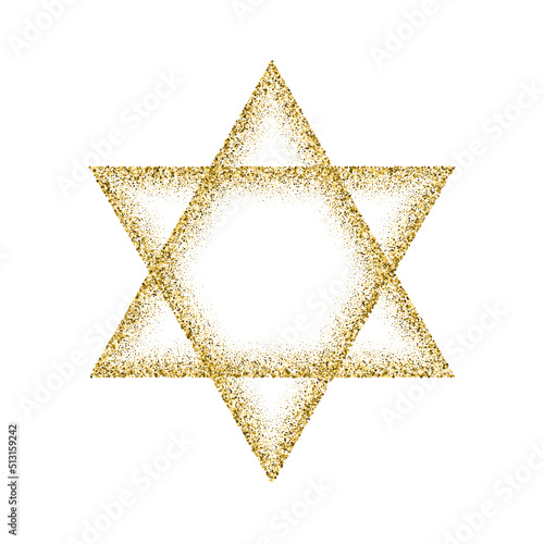 Jewish star of David from gold dust, abstract decoration of golden glitter frame