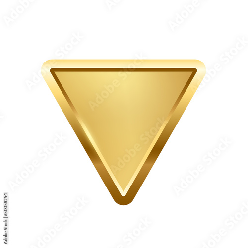 Gold triangle button with frame vector illustration. 3d golden glossy elegant design for empty emblem, medal or badge, shiny and gradient light effect on plate isolated on white background