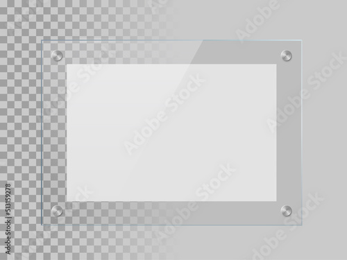 Glass rectangle plate isolated on transparent bacground. Vector realistic acrylic frame with steel rivets