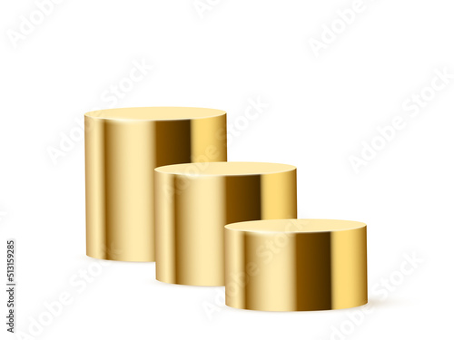 3d podium platform cylinders, gold pedestal stages for product presentation or winner