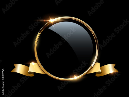 Gold circle frame and ribbon with shine and sparkle light effect, 3d golden circular ring