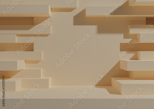 Light beige, pastel orange 3D rendering product display podium stand with abstract brick wall portal for product photography minimal, simple, geometric background wallpaper for luxury grunge products