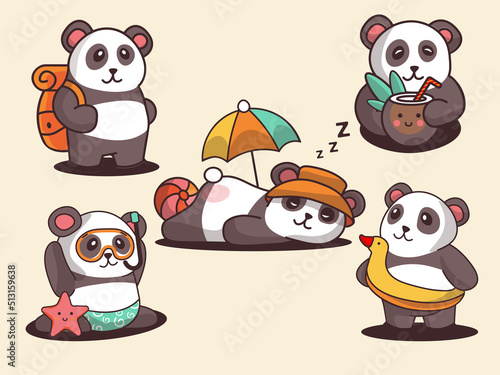 Summer cute panda resting on the sea in different positions lies and sunbathing or travel