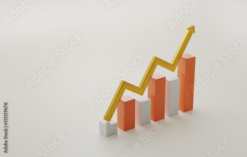 Golden arrow rising with growing bar graph chart white background.