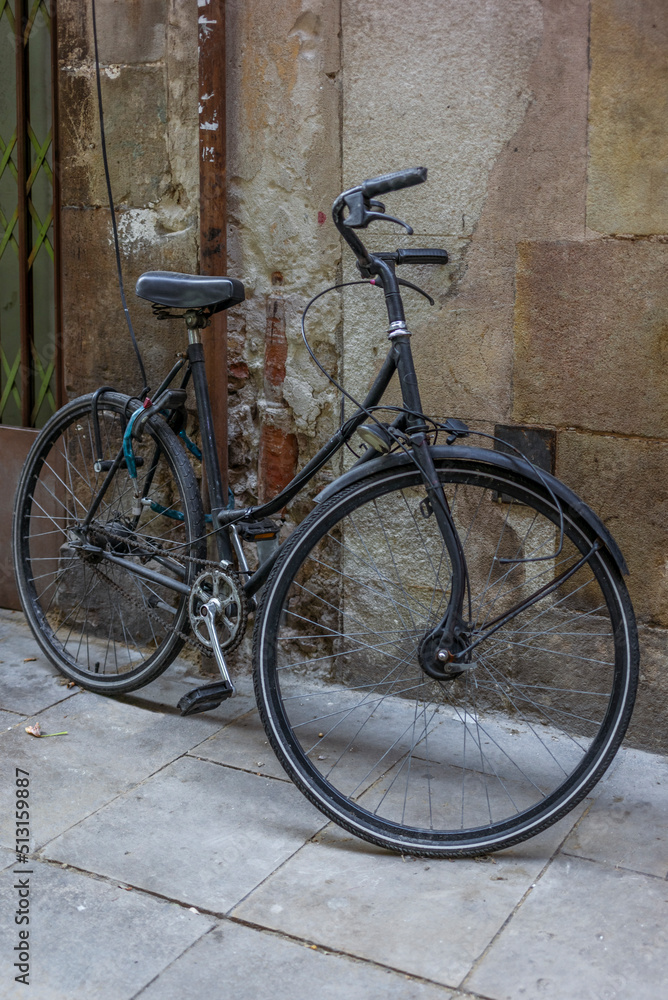 A bike standing in the streets of the El Born neighborhood in Barcelona