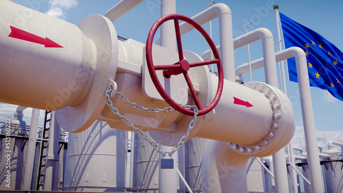 Сlosed natural gas pipeline on a chain with a lock. The flag of Europe or the European flag