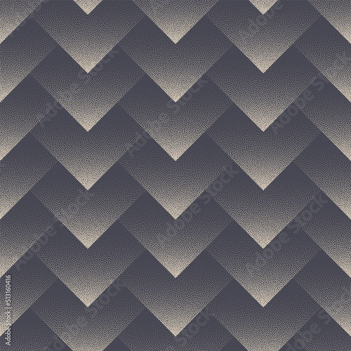 Layered Chevron Geometric Seamless Pattern Vector Stippled Abstract Background. Tough Crest 3D Structure Grainy Texture Repetitive Gray Wallpaper. Gritty Half Tone Design Endless Art Illustration