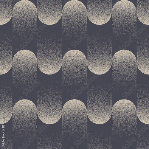 Retro Psychedelic Style Seamless Pattern Vector Stippled Abstract Background. Old Fashioned 50s 60s 70s Textile Design Grain Texture Repetitive Gray Wallpaper. Halftone Wavy Structure Art Illustration