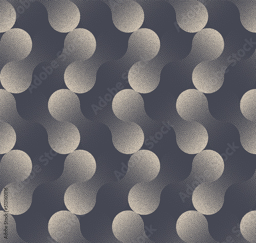 Metaball Grid Contemporary Seamless Pattern Vector Stippled Abstract Background. Psychedelic Optical Illusion Structure Grainy Texture Repetitive Gray Wallpaper. Gritty Half Tone Art Illustration