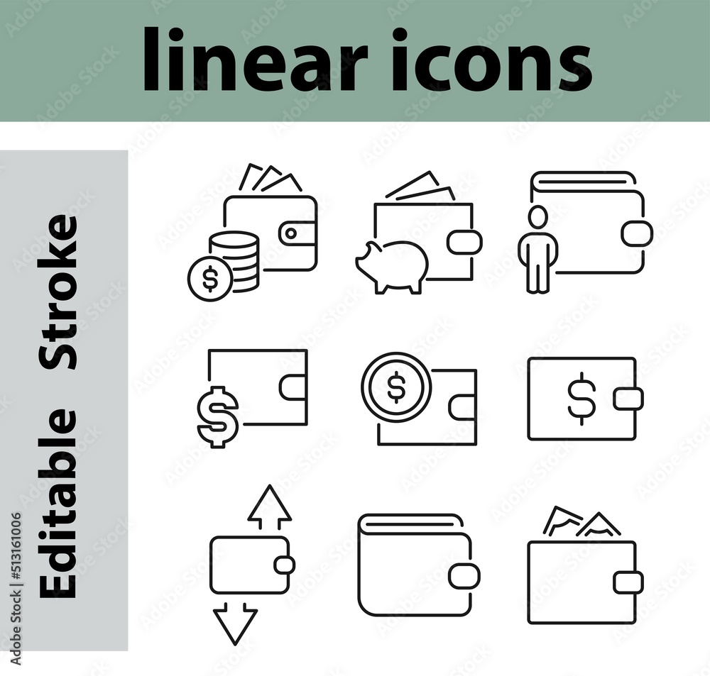 Set of Wallet Related Vector Line Icons. Contains such Icons as Top up or Withdraw Funds, currency wallet, Money Transfer, Payment and more. Editable Stroke. Pixel Perfect. Set of Wallet Related Vector Line Icons. Contains such Icons as Top up or Withdraw Funds, currency wallet, Money Transfer, Payment and more. Editable Stroke. Pixel Perfect.