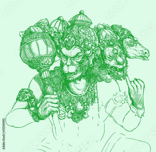 Monochrome vector illustration of Vishnu in green tones