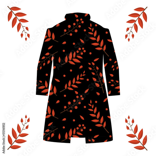 Autumn coat in black with red floral ornament, vector image.