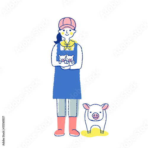 子豚を抱いている養豚農家の女性と豚