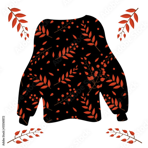 Autumn sweater in black with red floral ornament, vector image.