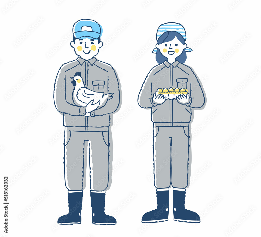 鶏と卵を抱えている養鶏業の男性と女性 鶏と卵を抱えている養鶏業の男性と女性