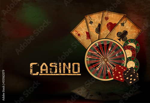 Vintage casino banner with roulette and poker cards,  vector illustration
